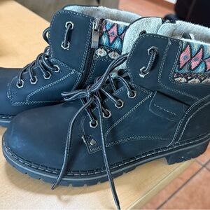 Stylish Black Lace-Up Boots with Patterned Trim